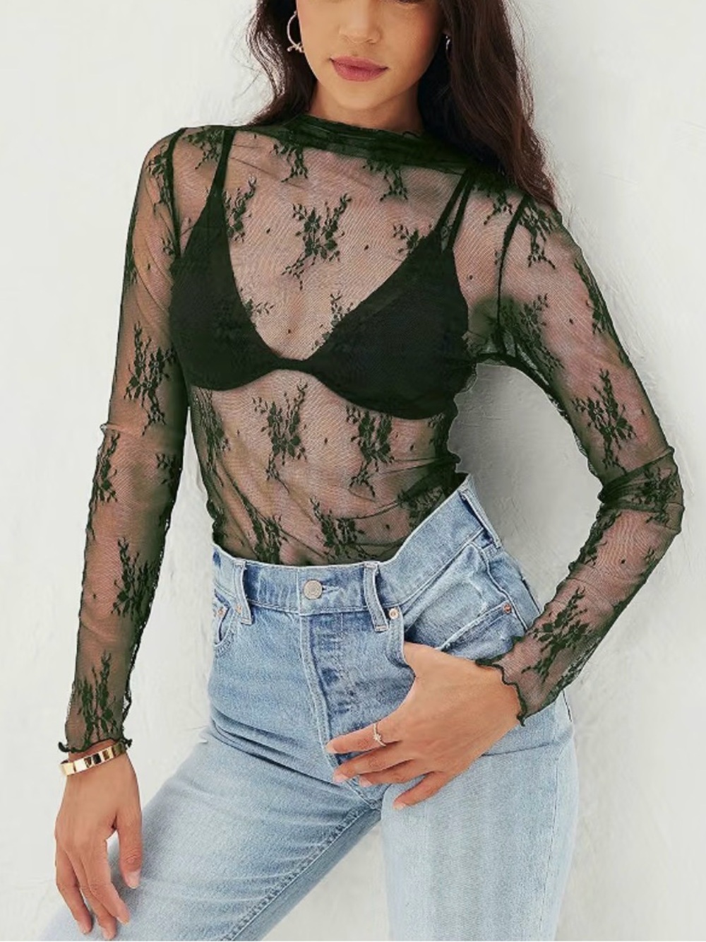 Olive Sheer Floral Lace Long-Sleeve Top